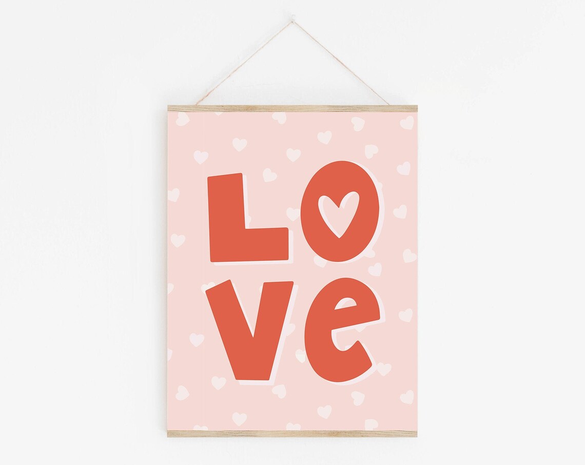 LOVE Bold Red Block Letters Heart Pink Hanging Kids Wall Art Poster