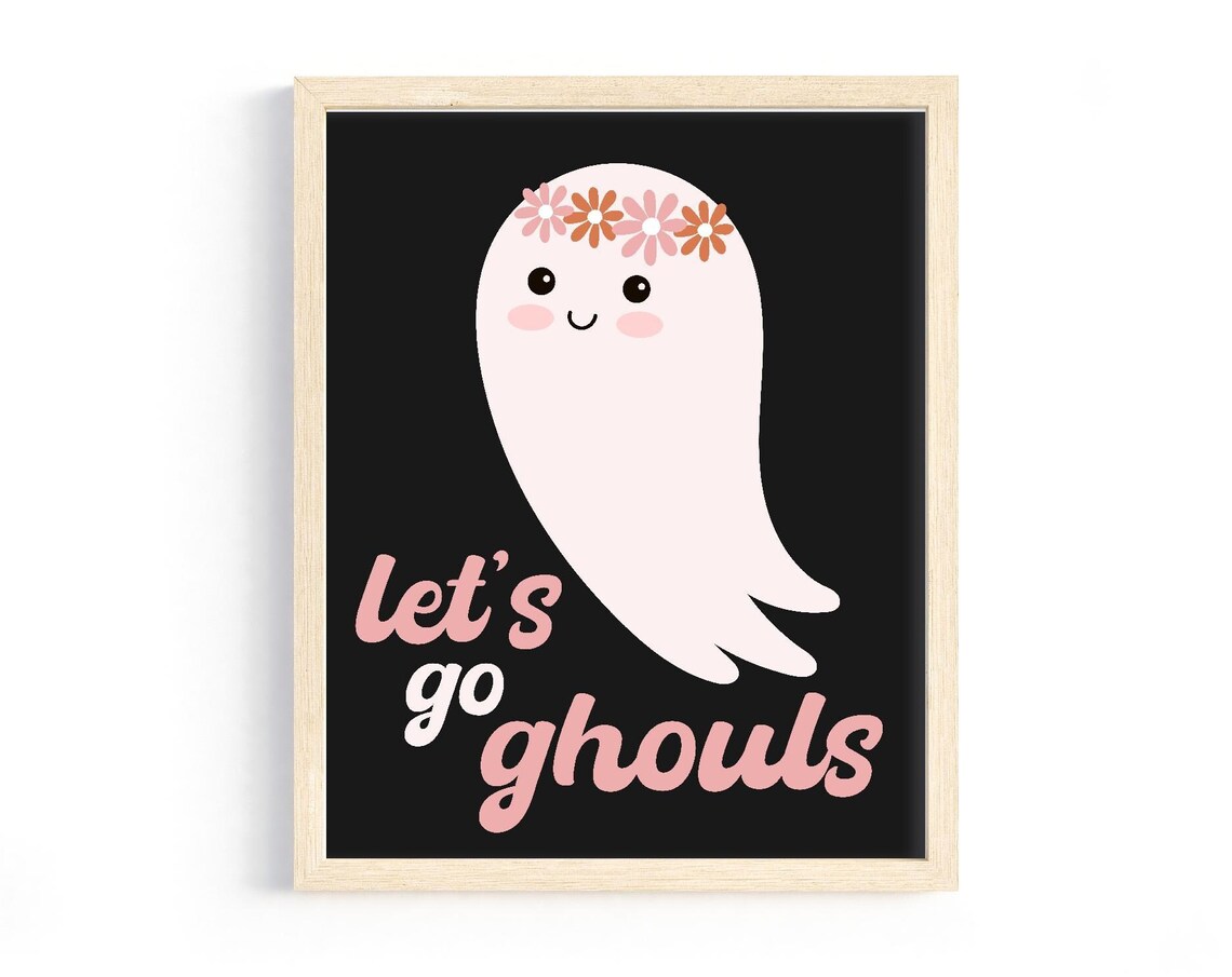 Lets Go Ghouls Cute Flower Crown Ghost Retro Pink Halloween Girls Wall Art