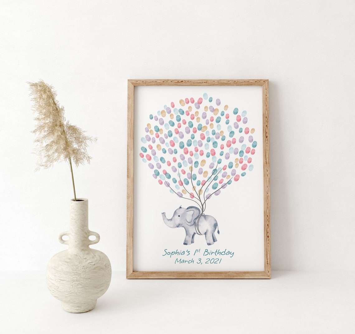 Baby Elephant Guest Book, Watercolor Balloon Tree Print - Image 3