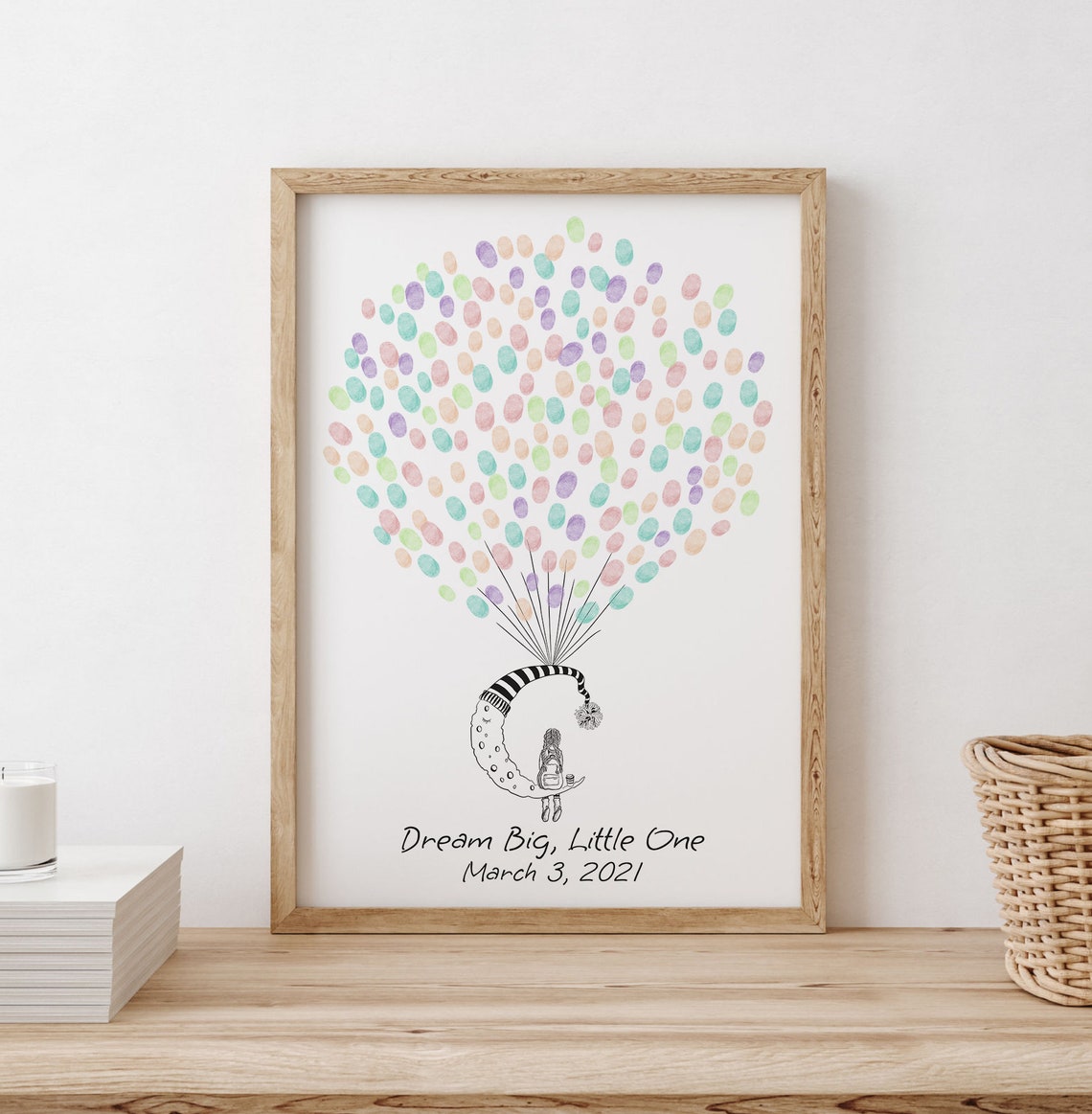 Girl On The Moon Guest Book Birthday Fingerprint Balloon Moon And Girl Thumbprint Book Baby Shower Guest Book - Image 4