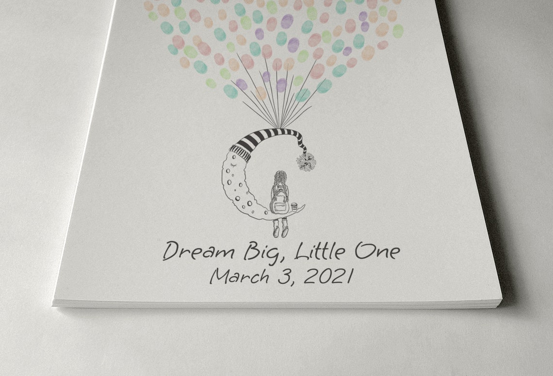 Girl On The Moon Guest Book Birthday Fingerprint Balloon Moon And Girl Thumbprint Book Baby Shower Guest Book - Image 2