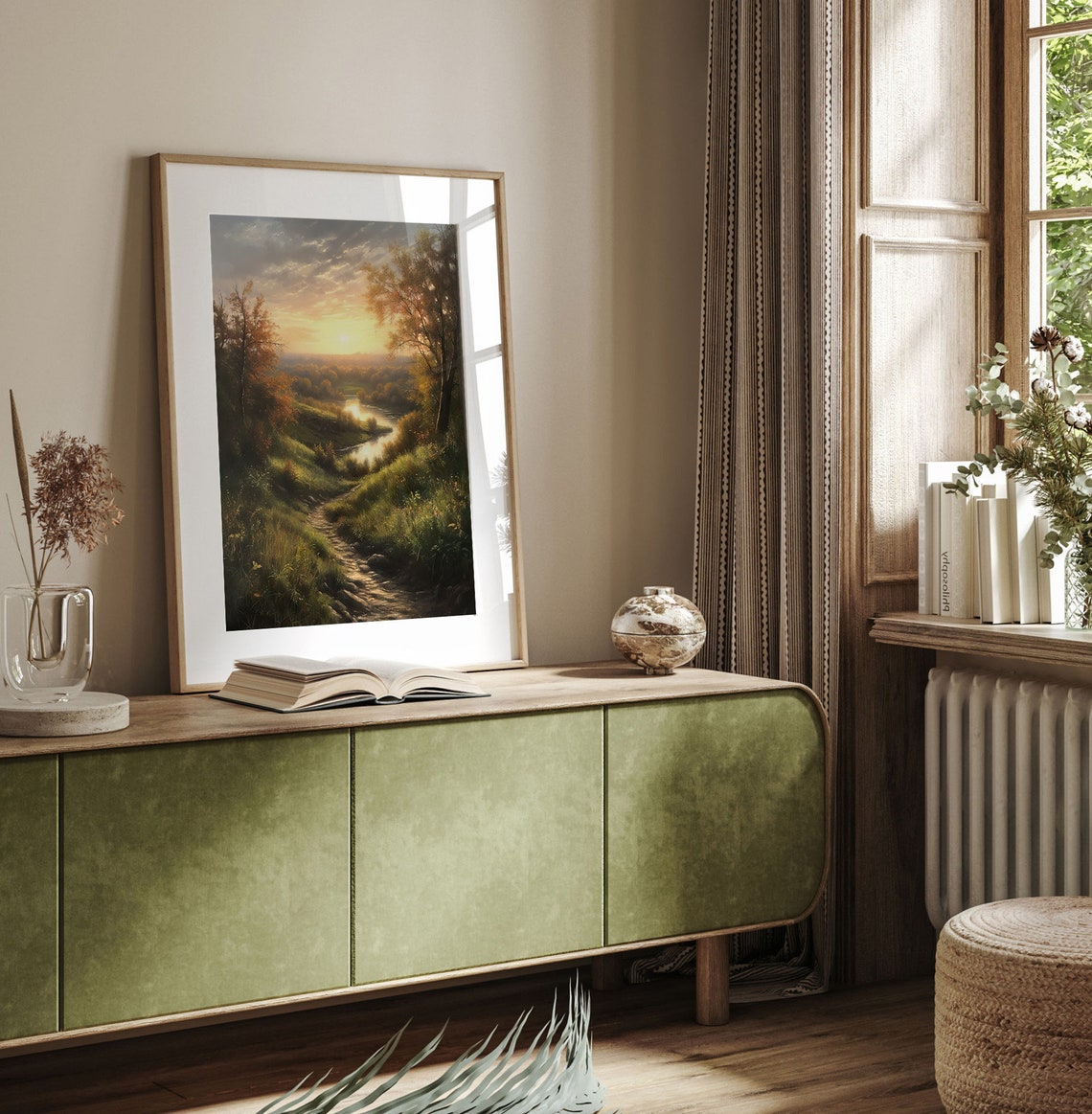 A Window To Serenity Art Realistic Landscape Painting Sunlit Fields Forest And Tranquil River Instant - Image 2