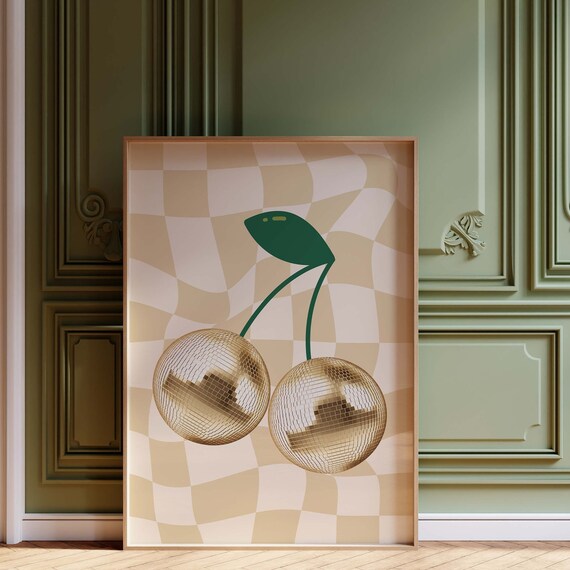 Gold Disco Ball Cherries Beige Checkerboard Retro Art Poster