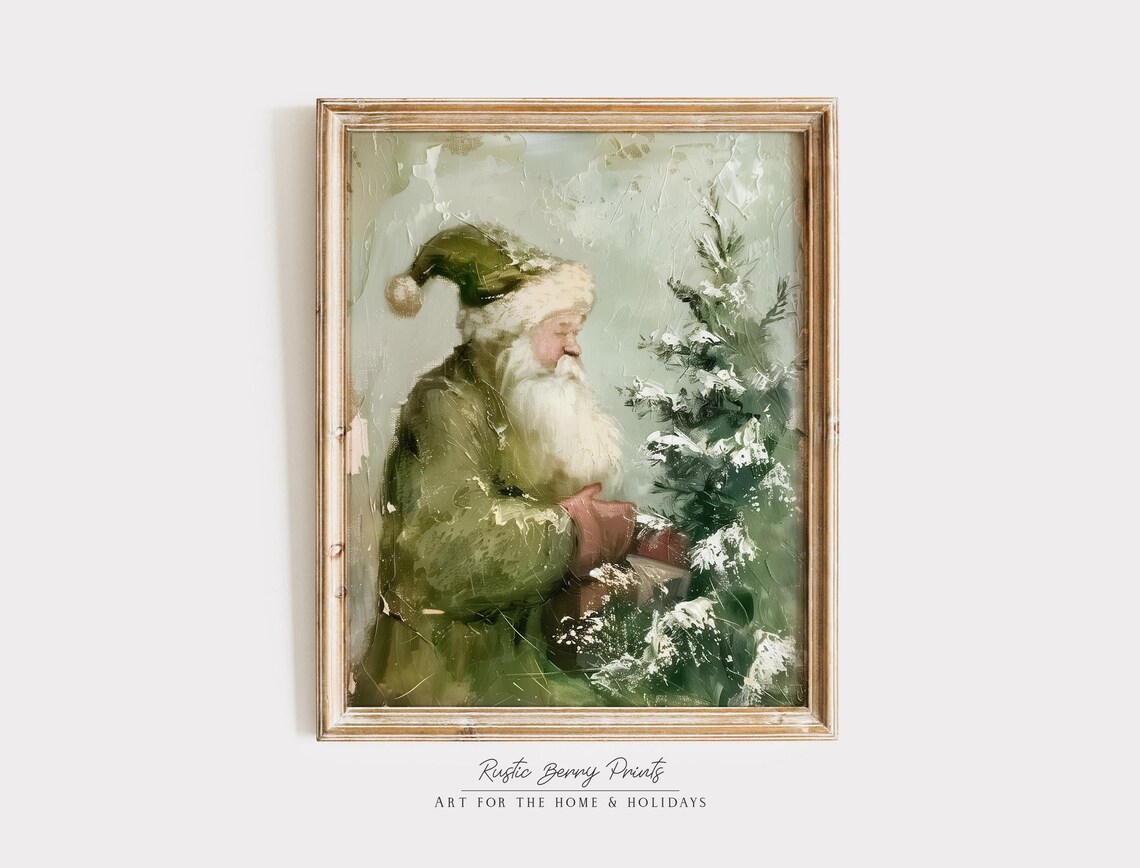 Green Coated Santa Claus In Snowy Woods Vintage Christmas Art Print