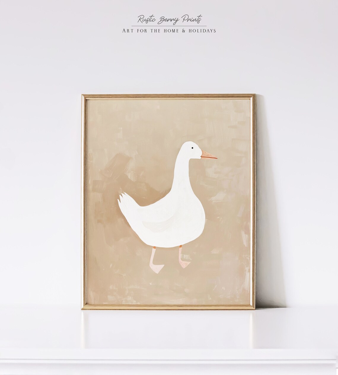 Cute White Goose Walking Minimalist Beige Farm Animal Nursery Wall Art