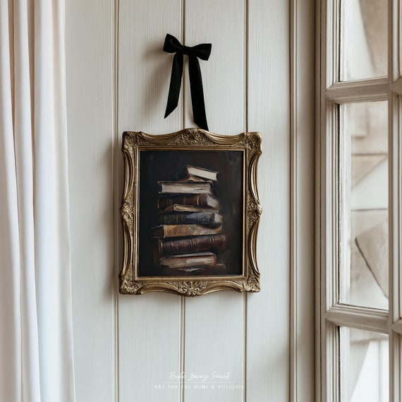 Moody Vintage Books Oil Painting Wall Art Vintage Print Cottagecore Dark Academia Library Decor Instant