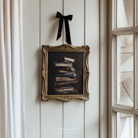 Stack Of Old Books On Black Background Moody Dark Academia Wall Art Print