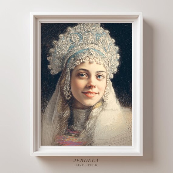 Russian Snow Maiden Kokoshnik Folk Portrait Winter Art Print