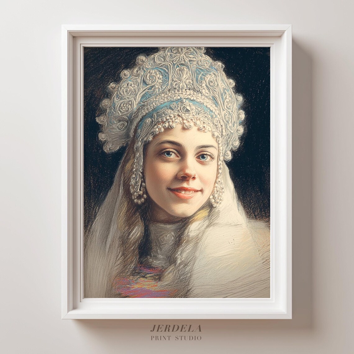 Russian Snow Maiden Kokoshnik Folk Portrait Winter Art Print