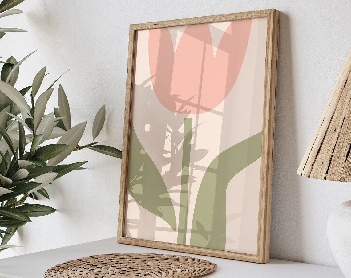 Pastel Tulip Wall Art with Pink Bloom and Sage Leaves Danish Style