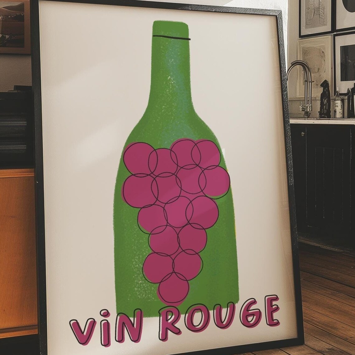 Vin Rouge French Red Wine Bottle Pink Grapes Playful Kitchen Poster - Image 2