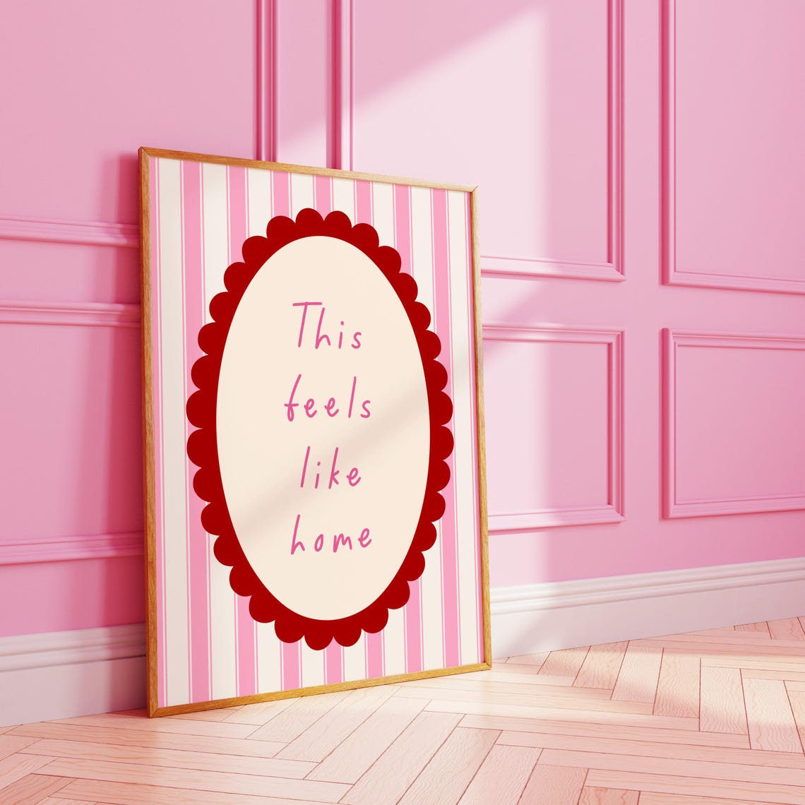 This Feels Like Home Scalloped Oval Pink Striped Quote Poster