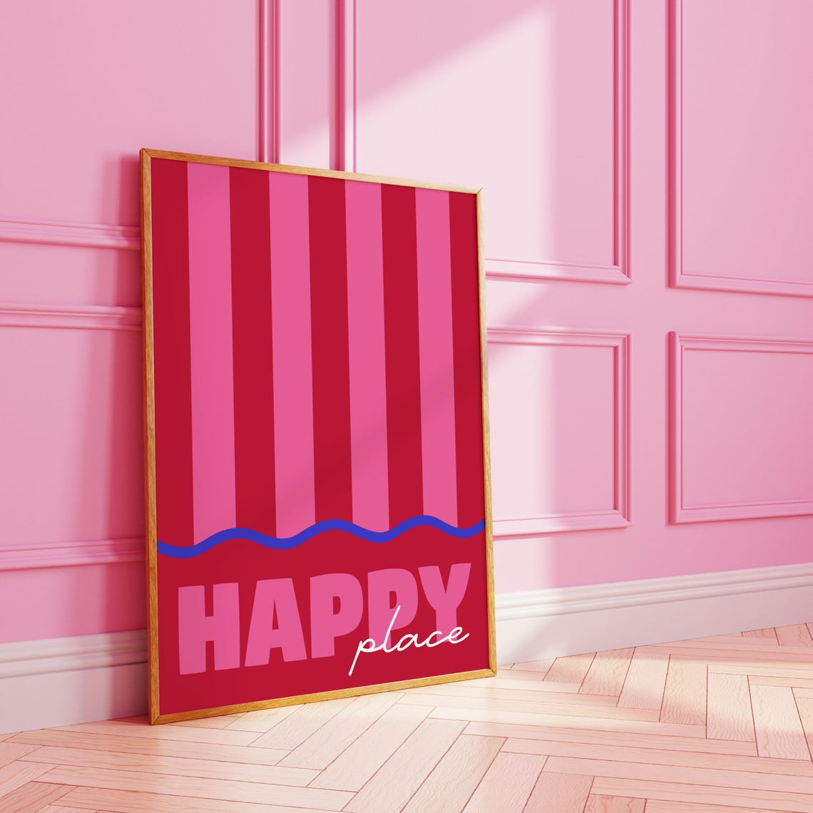 Happy Place Bold Red Pink Striped Retro Typography Wall Poster