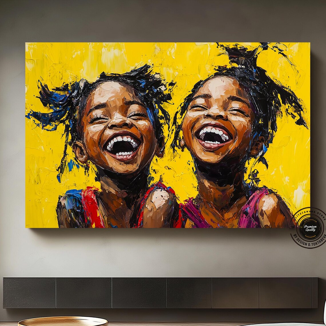Two Joyful Laughing Children on Bright Yellow Impasto Painting Poster