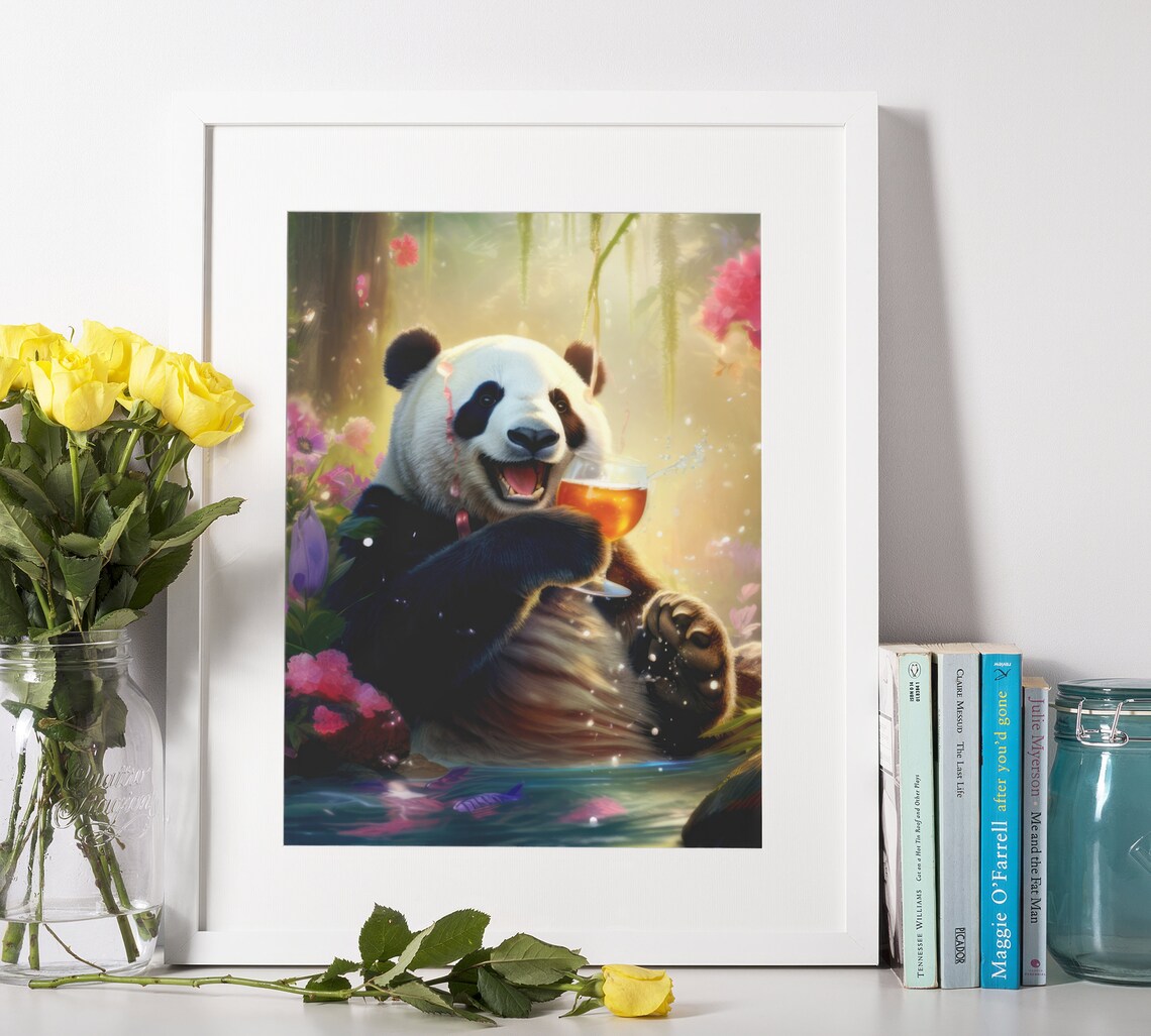 Happy Panda Drinking, Animal Wall Art Decor