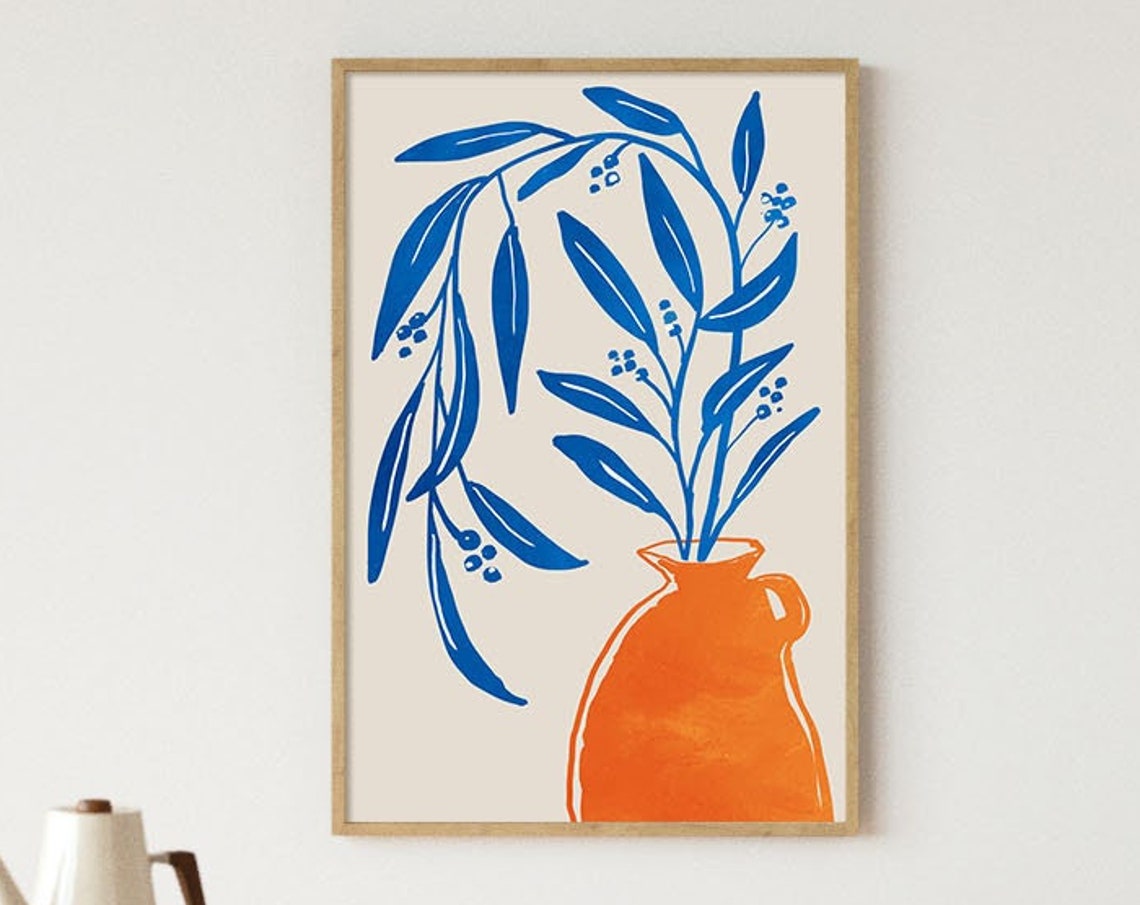 Cobalt Blue Leaves Orange Vase Bold Botanical Modern Poster Decor