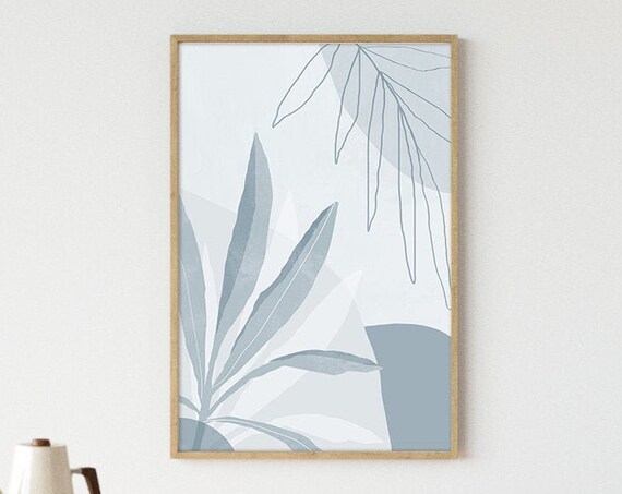 Blue Gray Botanical Print Blue Leaf Print Tropical Wall Art Geometric Wall Art Abstract Art Print Minimalist Print Wall Decor