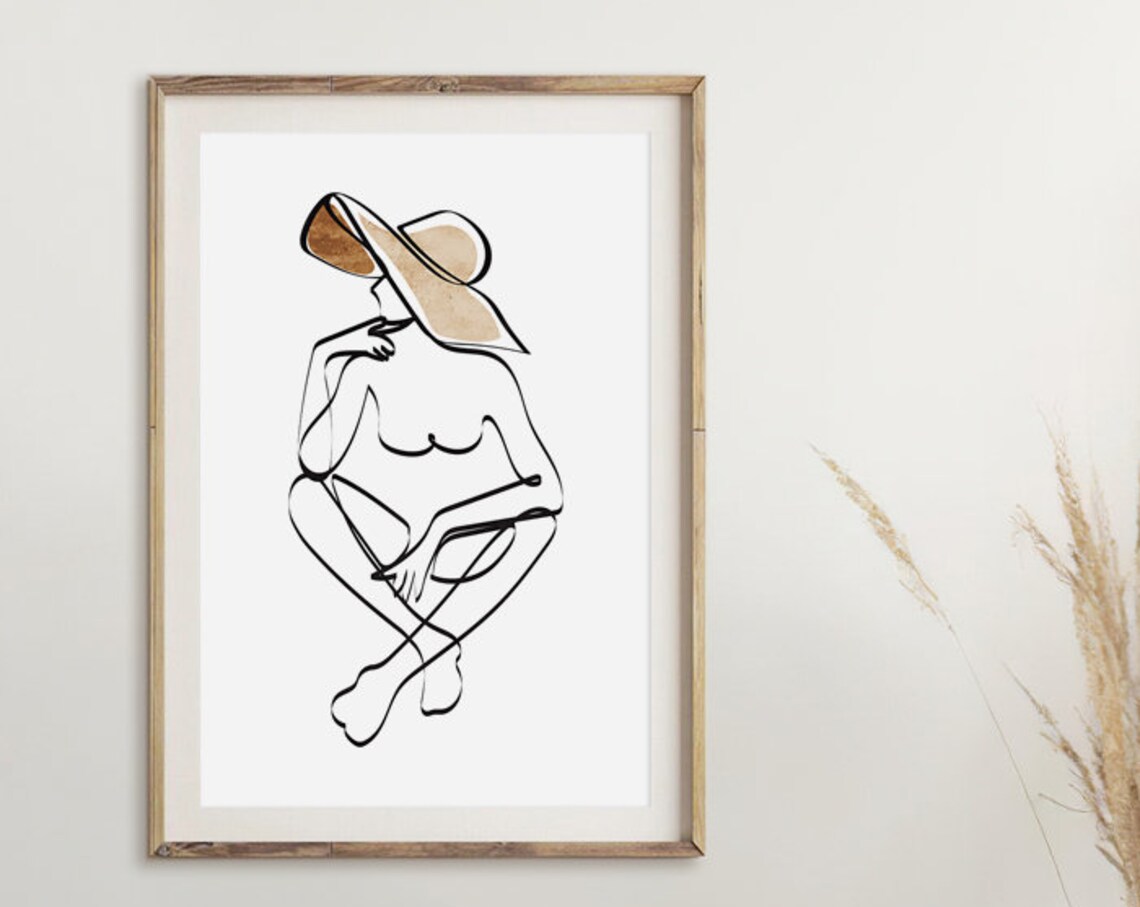 Woman Sun Hat Single Line Drawing Seated Figure Minimal Wall Poster - Image 3