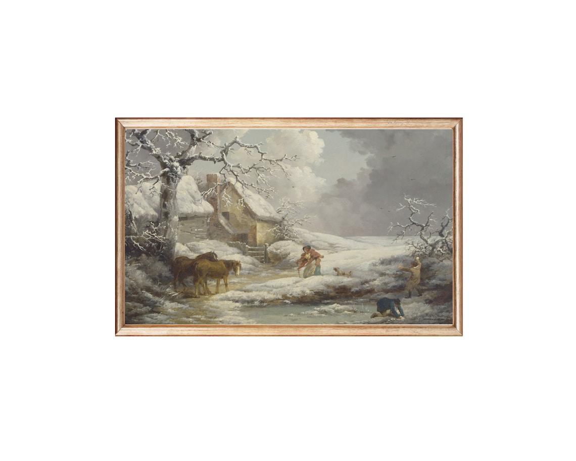 Vintage Winter Horses Cottage Snow Scene Classic Oil Art Poster - Image 5