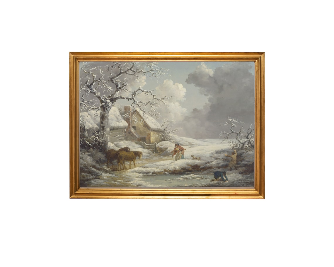 Vintage Winter Horses Cottage Snow Scene Classic Oil Art Poster - Image 4