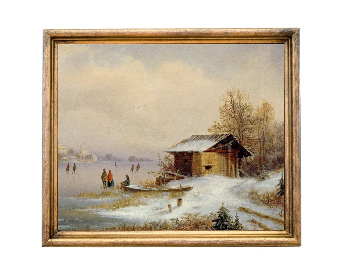 Vintage Winter Lake Cabin Snow Skaters Oil Painting Style Poster - Image 4