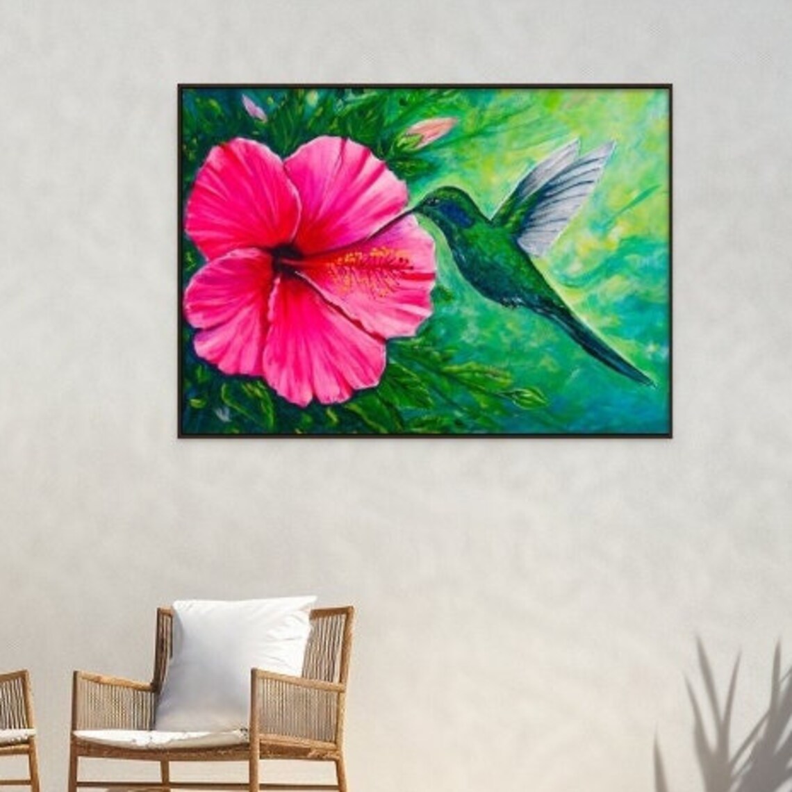 Green Hummingbird Pink Hibiscus Flower Tropical Garden Bird Poster - Image 4