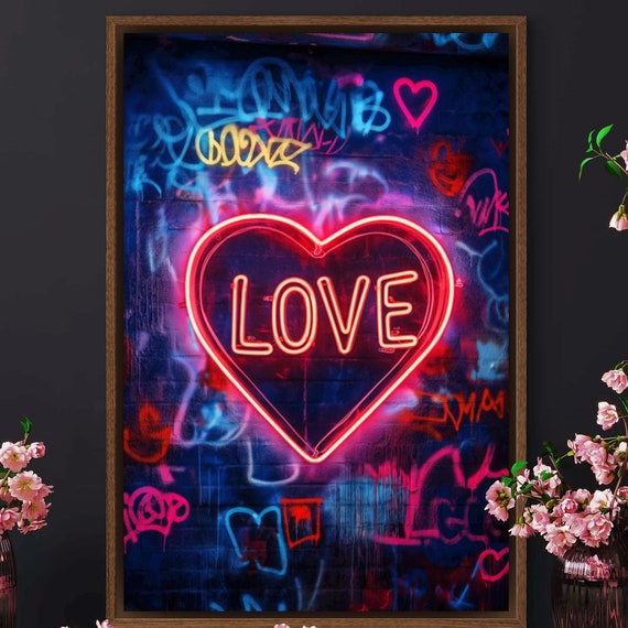 Neon Love Wall Art Bold Graffiti Print Vibrant Romantic Decor Glowing Pink Heart Artwork For Living Room Or Above Bed Decor