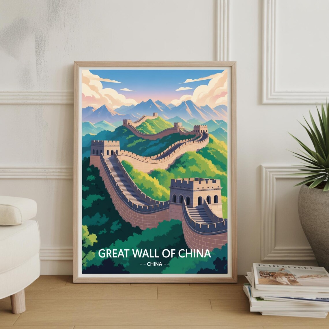 Great Wall of China Winding Mountain Ridge Vintage Travel Poster