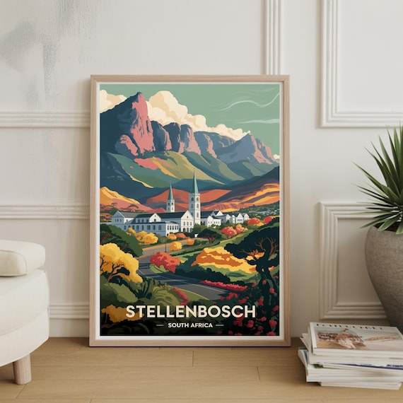 Stellenbosch South Africa Mountain Church Town Travel Poster
