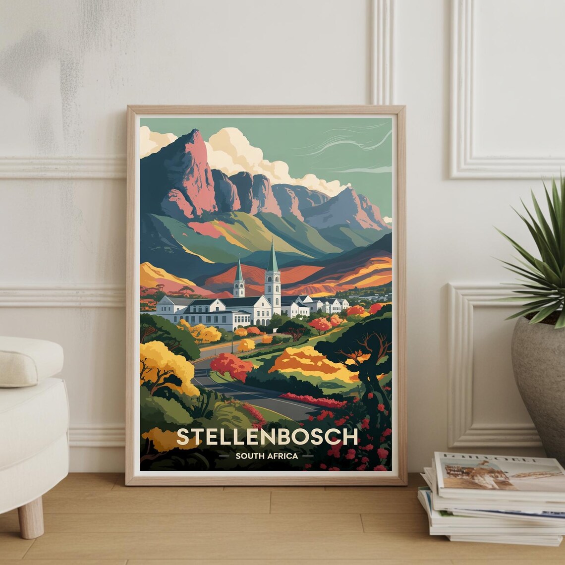 Stellenbosch South Africa Mountain Church Town Travel Poster