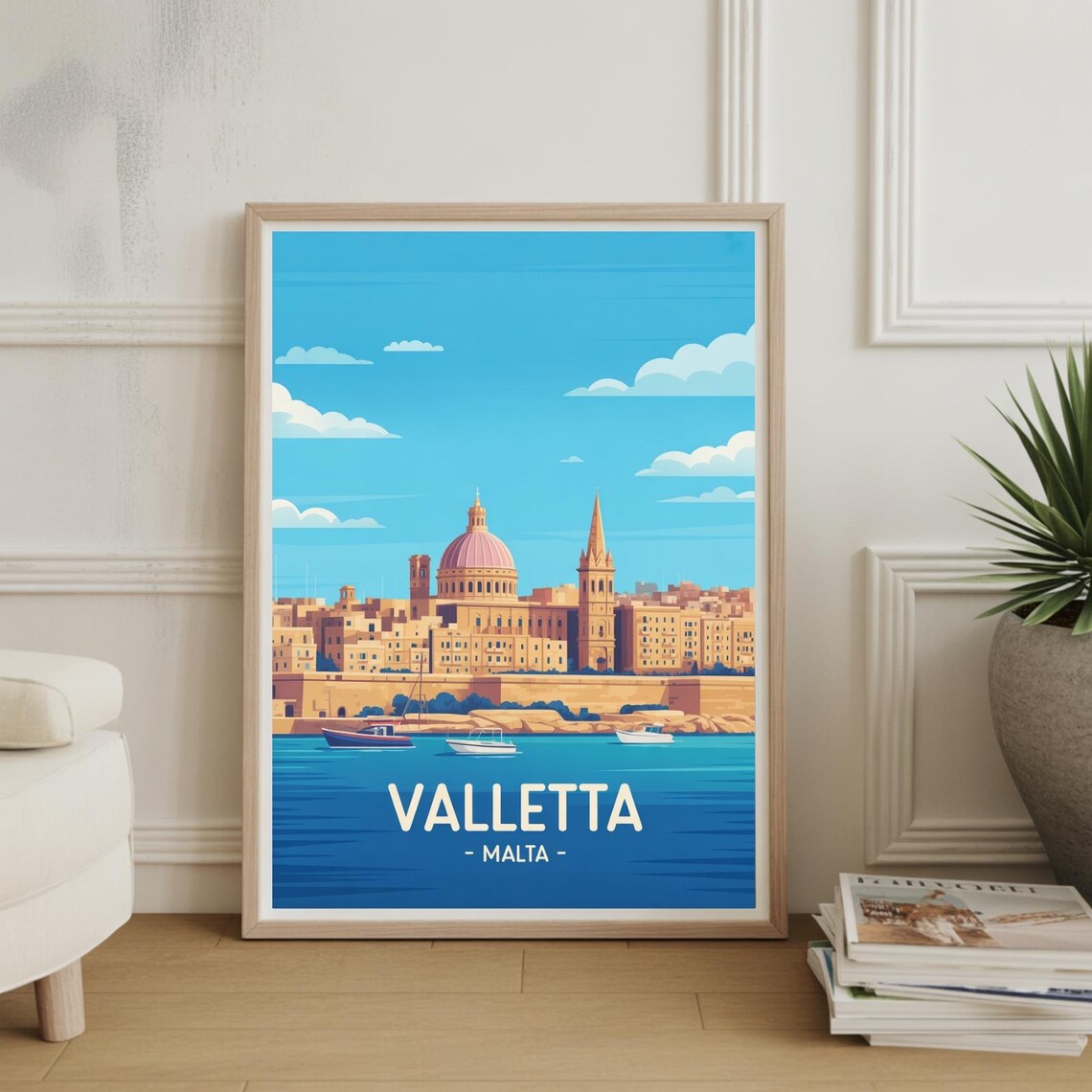 Sunny Valletta Malta Grand Harbor Skyline Dome Boats Travel Poster