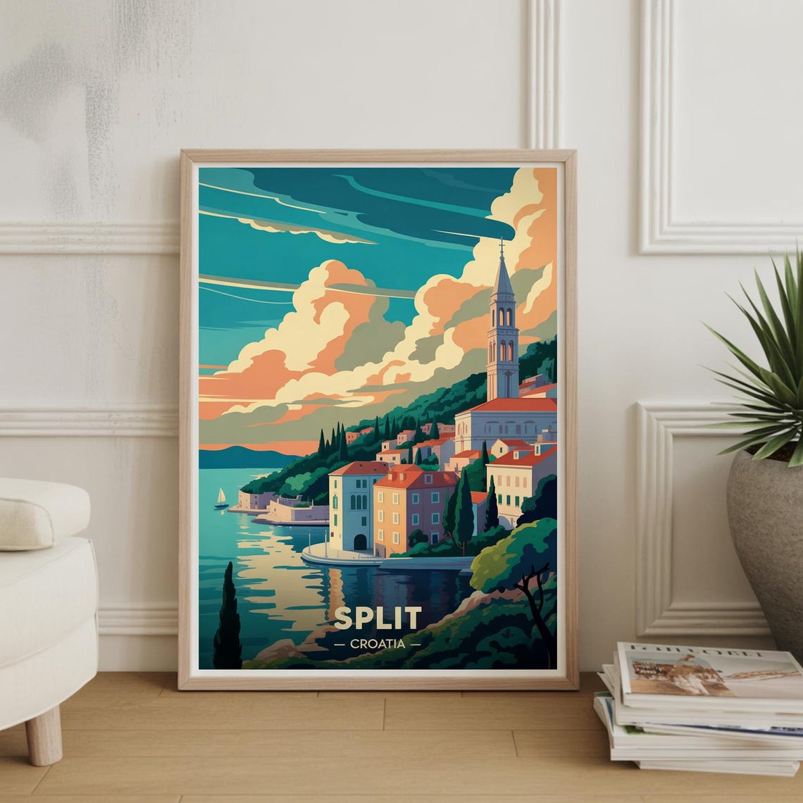 Split Croatia Coastal Old Town Bell Tower Harbor Travel Poster