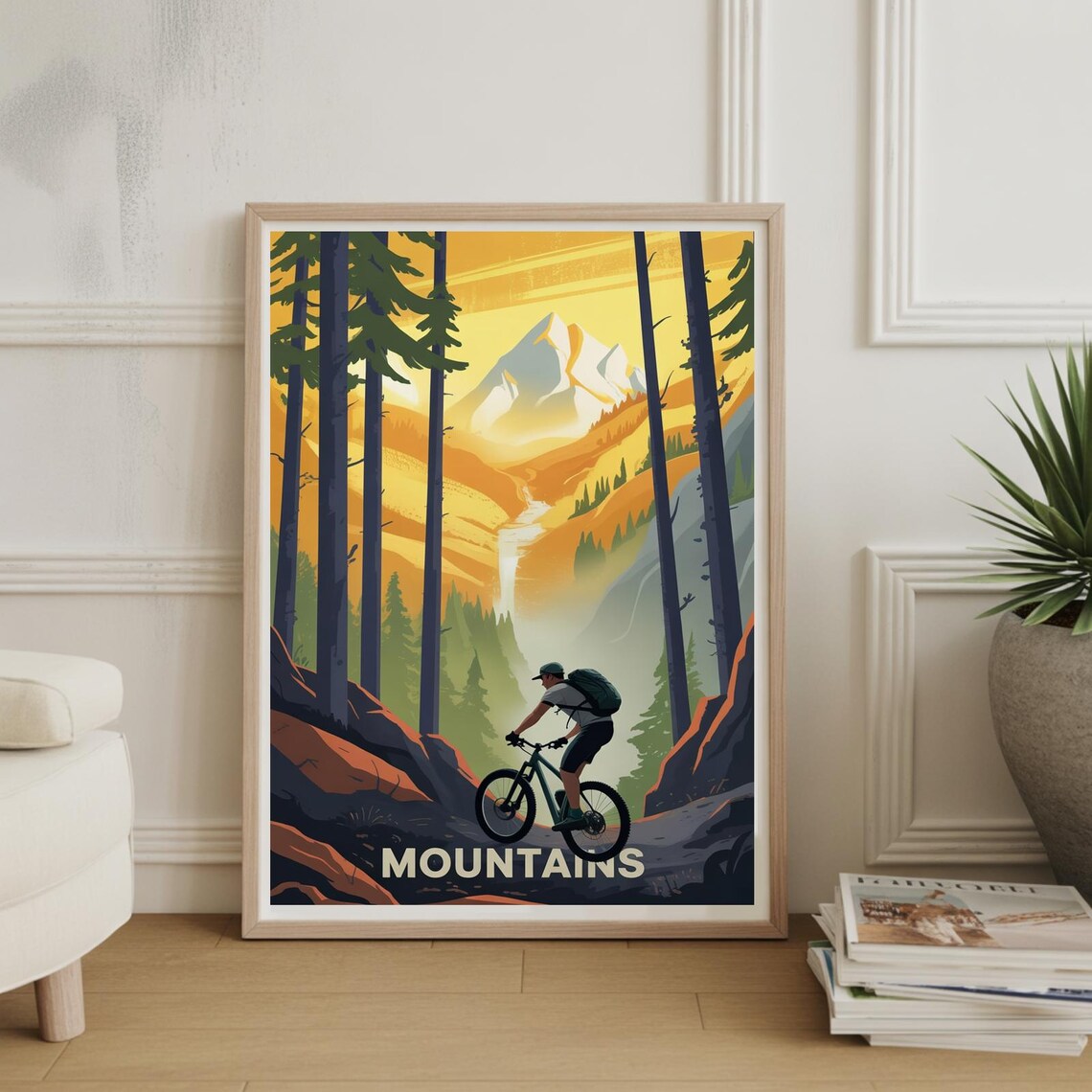 Mountain Biking Adventure Trail Waterfall Vintage Style Travel Poster