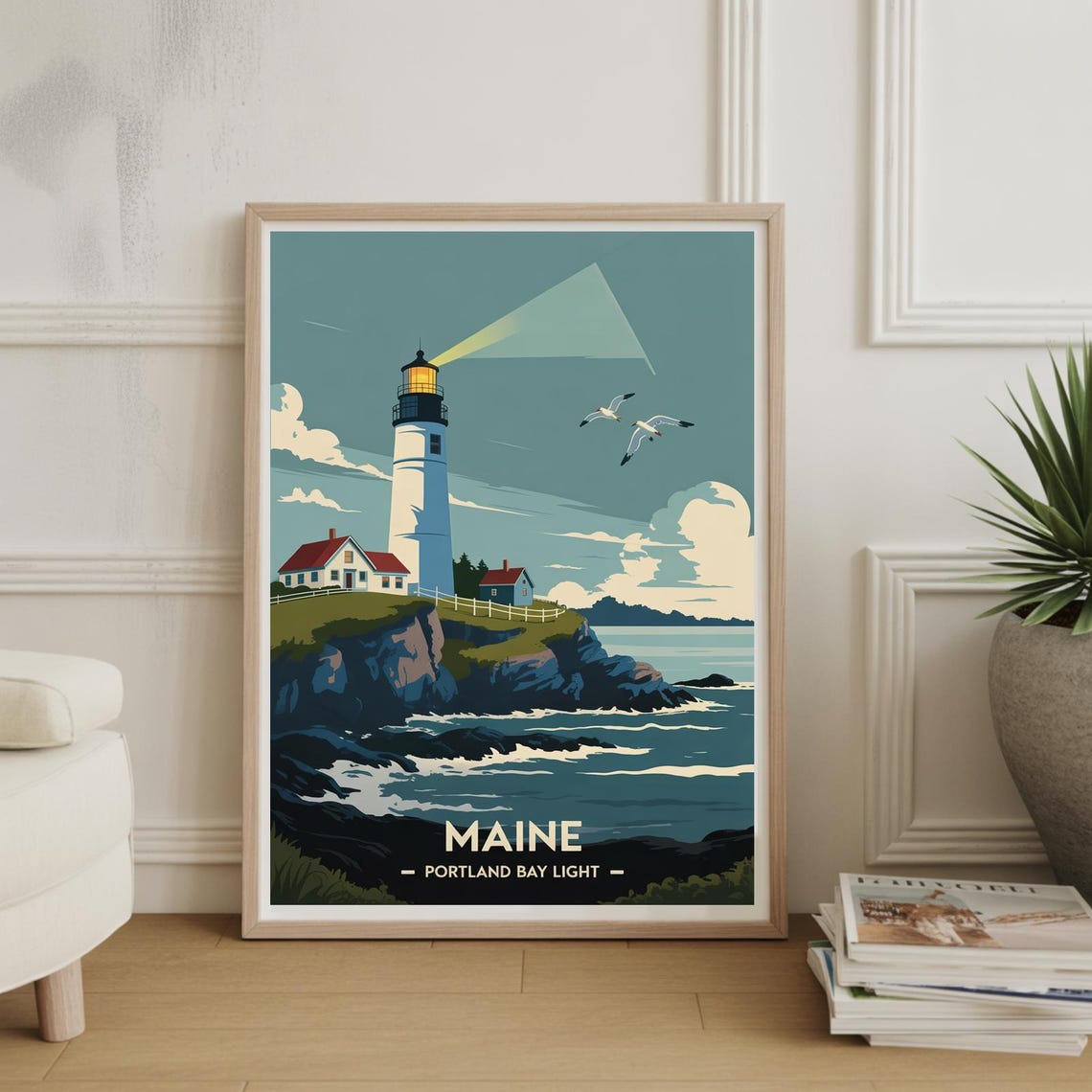 Maine Portland Bay Light Lighthouse On Rocky Coast Retro Travel Poster