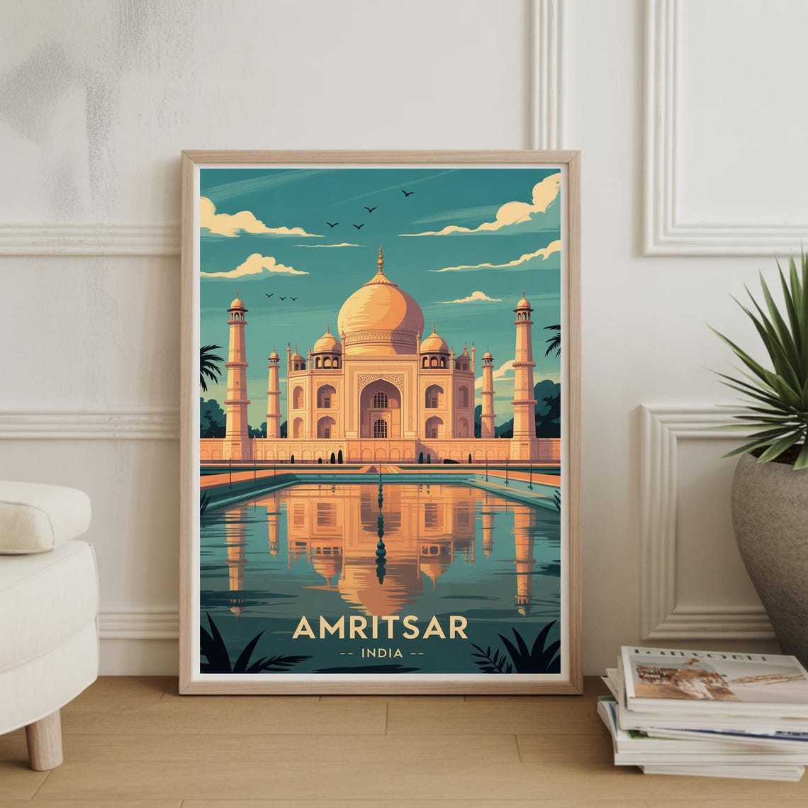 Taj Mahal India Reflecting Pool Vintage Landmark Travel Poster