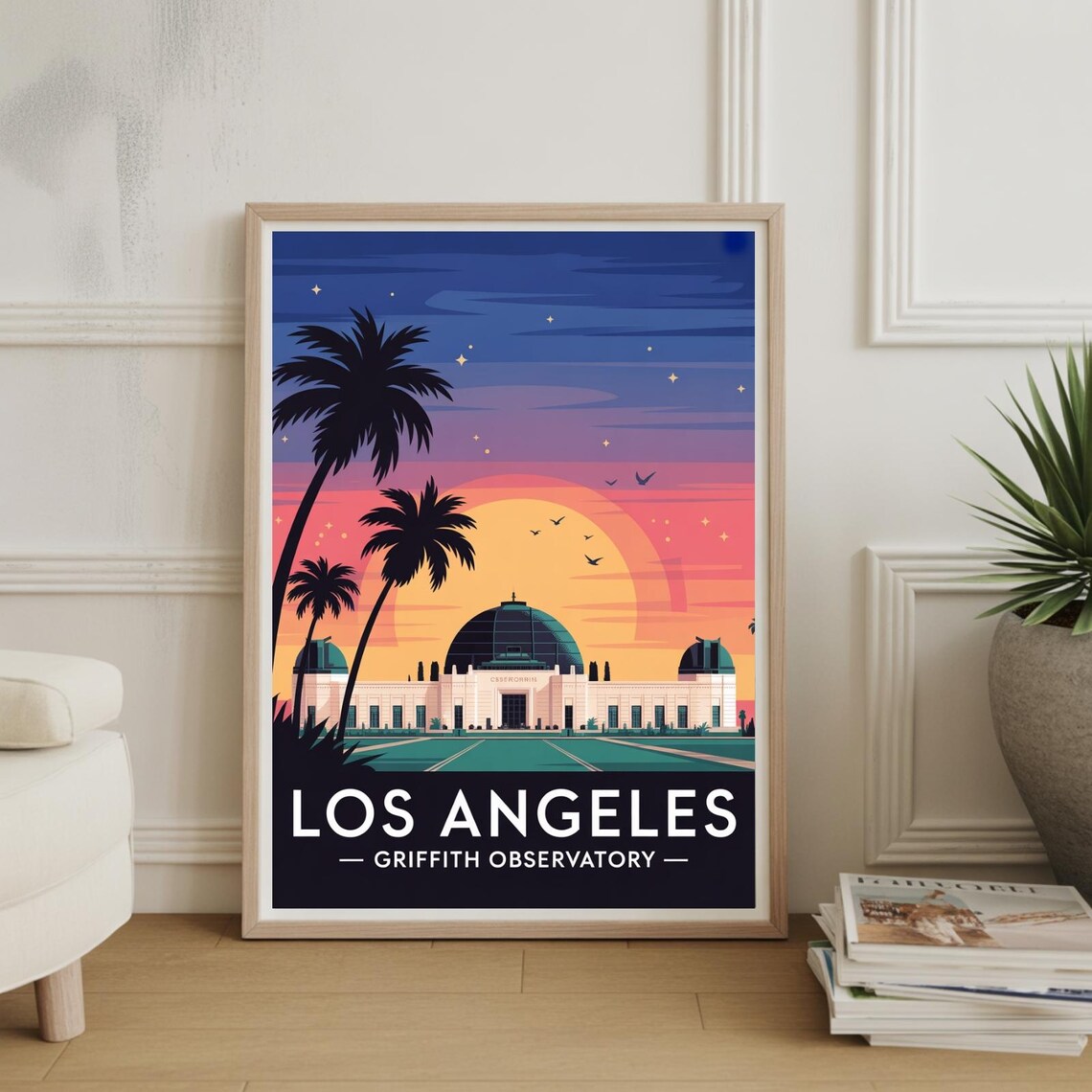 Los Angeles Griffith Observatory Sunset Palms Retro Travel Poster