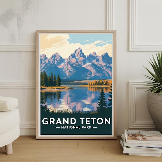 Grand Teton National Park Vintage Travel Poster Mountain Lake Scenic Art