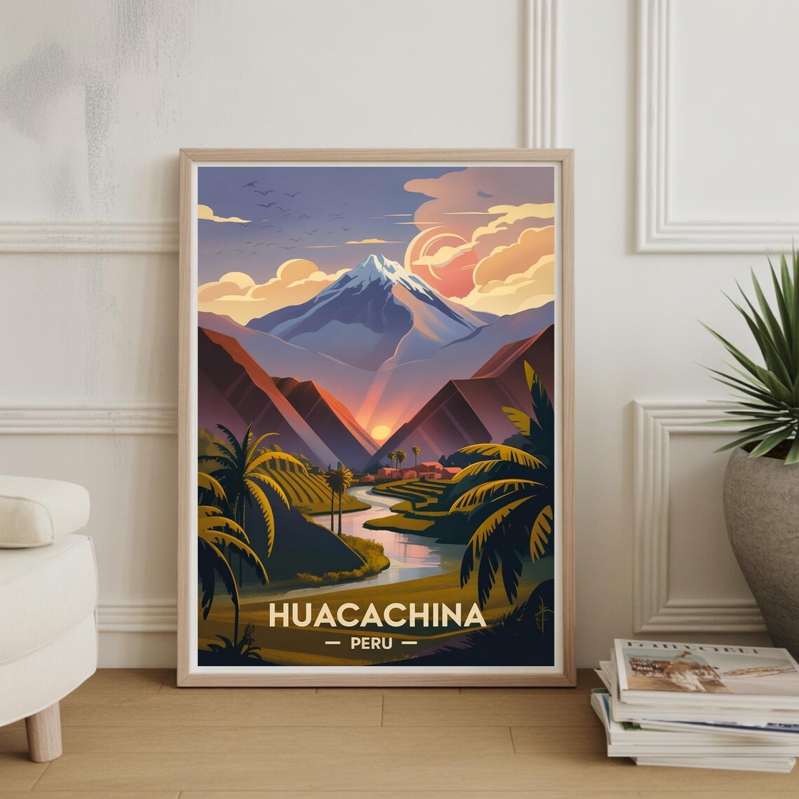 Huacachina Peru Desert Oasis Sunset Palm Vintage Travel Poster