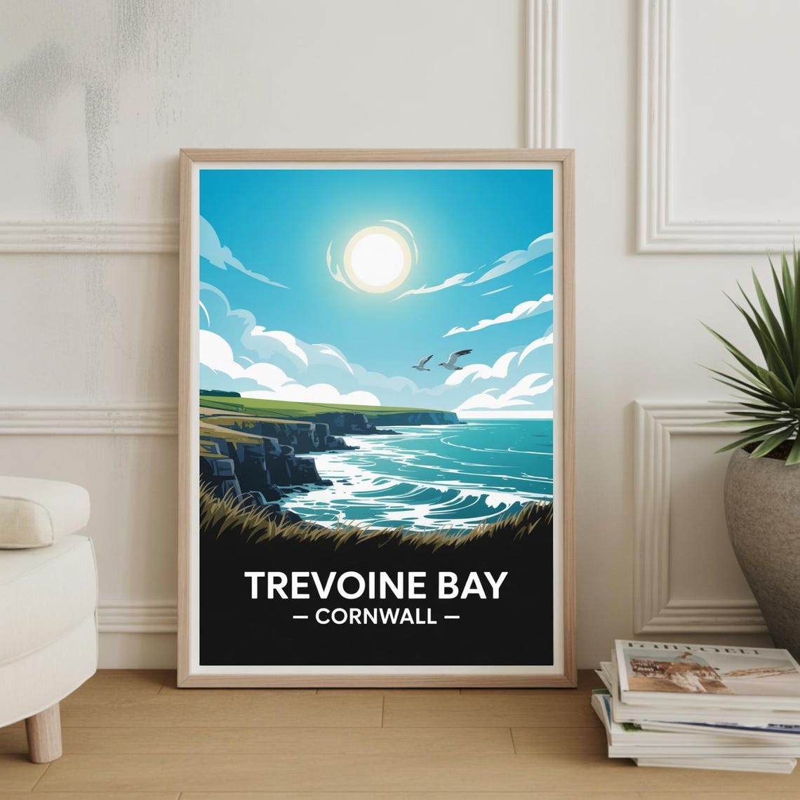 Trevone Bay Cornwall Sunlit Cliffs Ocean Waves Travel Poster