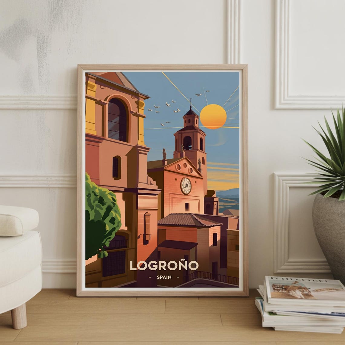 Logroño Spain Historic Church Bell Tower Clock Travel Poster