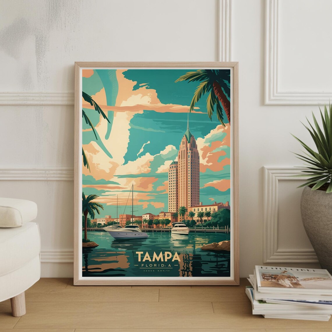Tampa Florida Downtown Skyline And Marina Boats Vintage Travel Poster