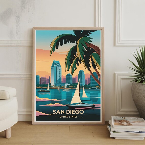 San Diego United States Vintage Travel Poster Skyline Sailboats Sunset Art