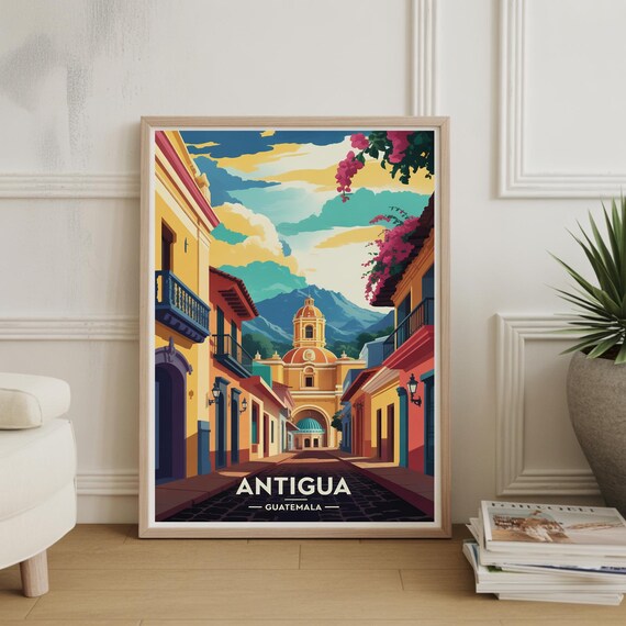 Antigua Guatemala Colonial Street Volcano Retro Latin Travel Poster