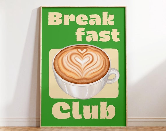 Colorful Retro Heart Coffee Breakfast Club Kitchen Poster In Green Yellow Wall Decor Prints Home Trendy Art Print