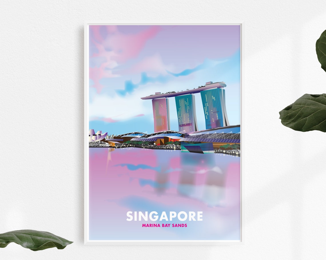 Singapore Marina Bay Sands Pastel Illustration Travel Art Poster