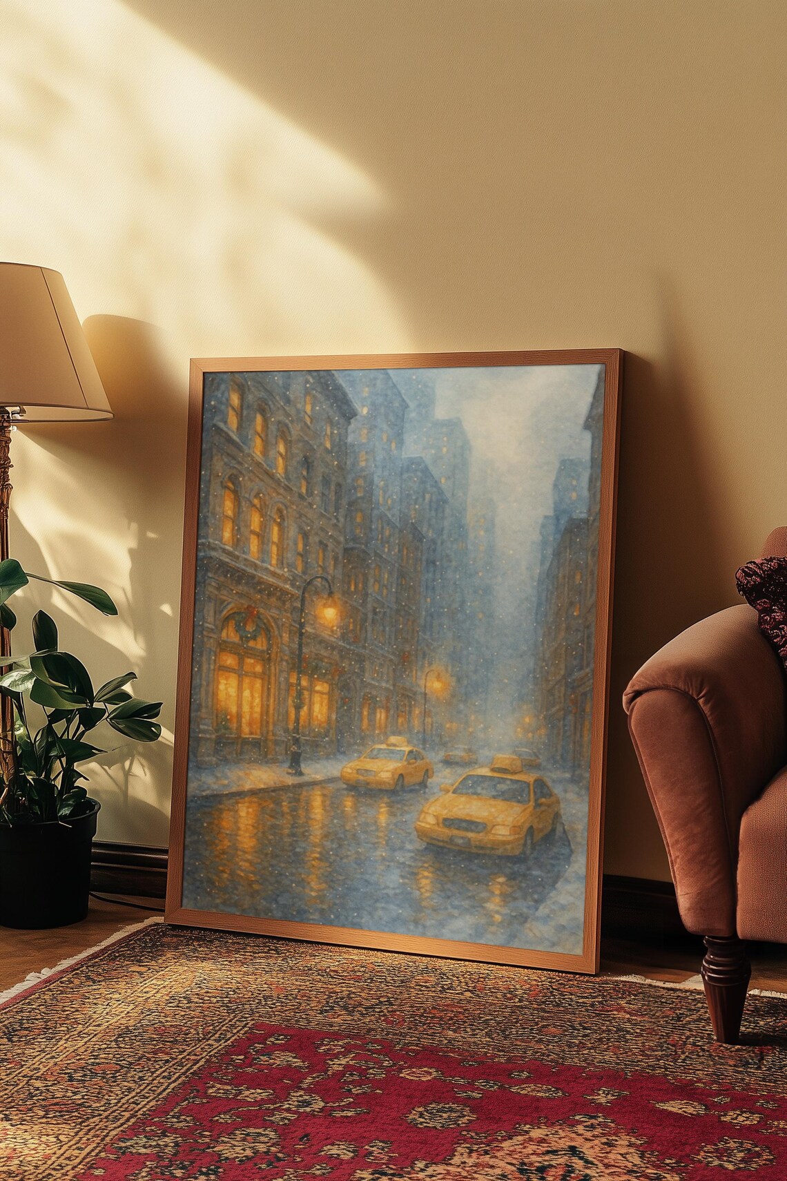 New York City Winter Snowy Yellow Cabs Watercolor Street Scene Poster