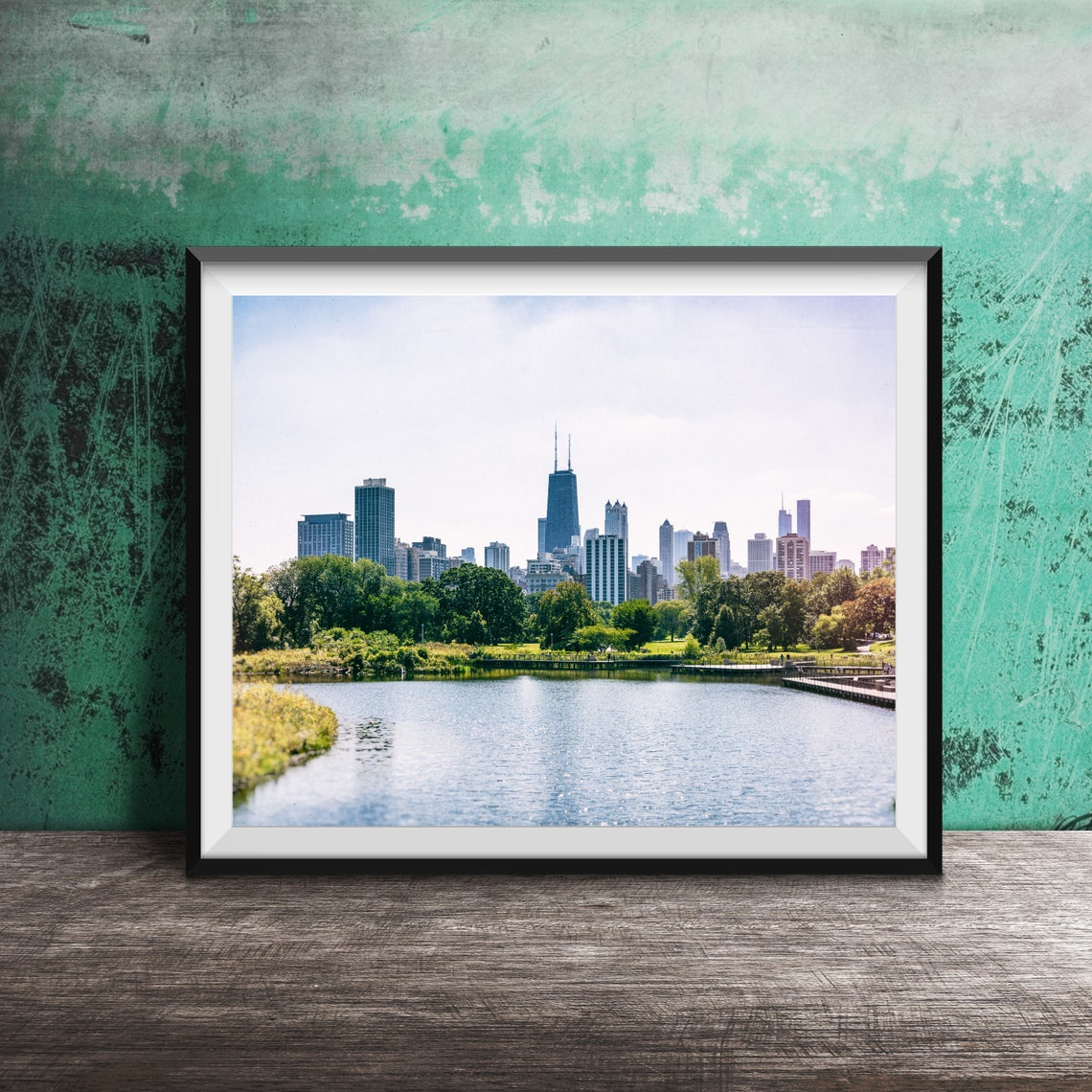 Chicago Skyline Over Green Park Lagoon And Boardwalk View Poster