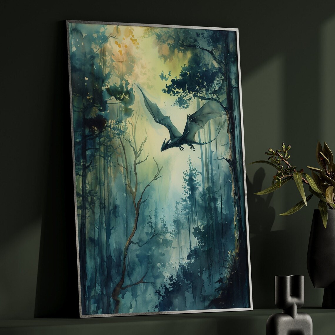 Forest Dragon Watercolor Poster, Dark Academia Art Print