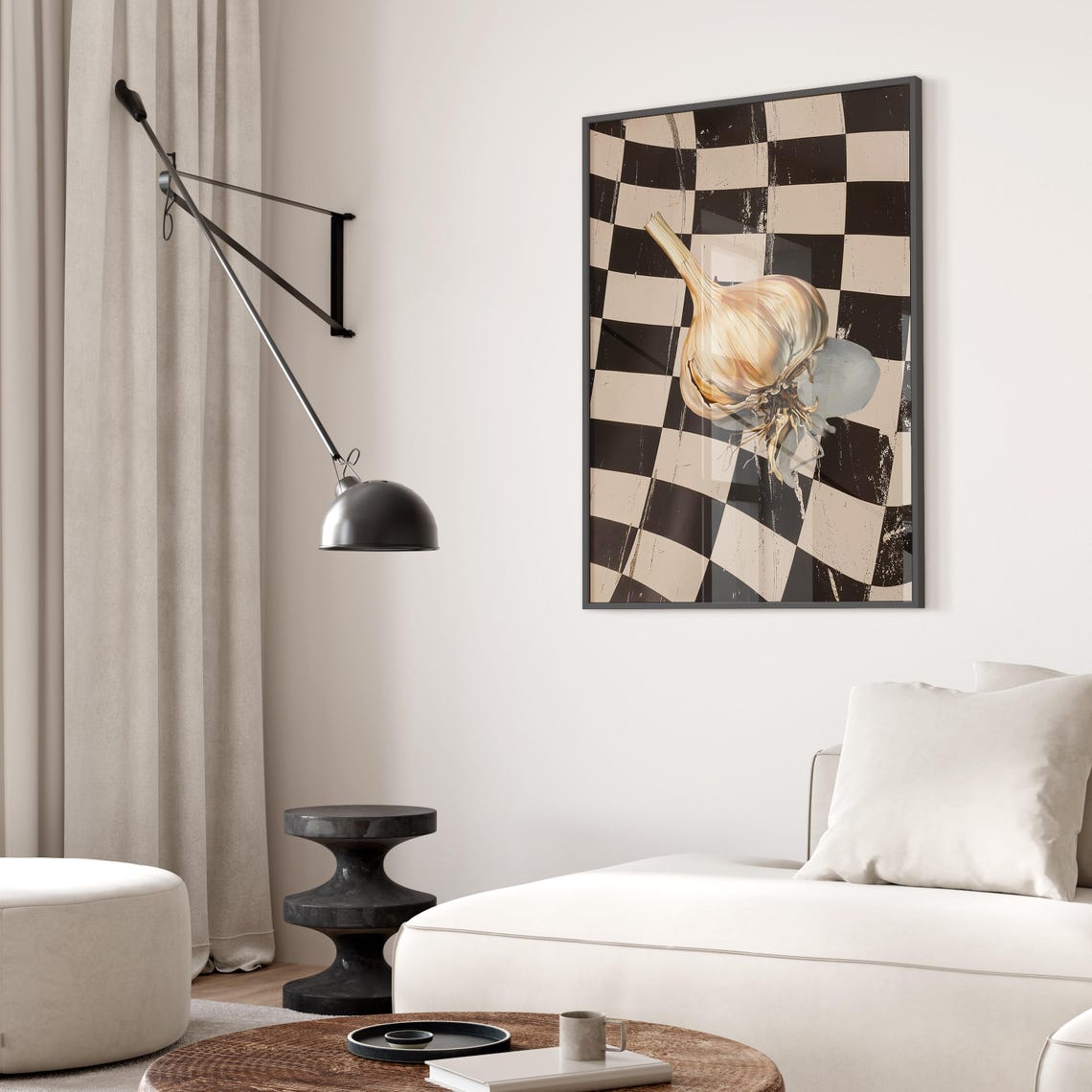 Retro Garlic Bulb Checkerboard Kitchen Food Illustration Poster - Image 2