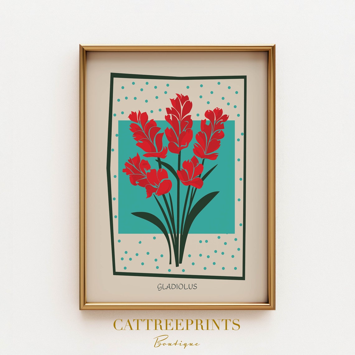 Red Gladiolus Turquoise Background Modern Botanical Floral Poster - Image 2